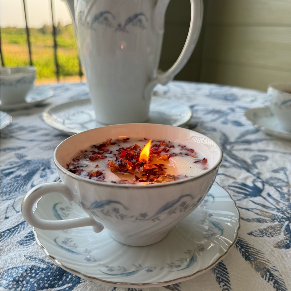 Handmade soy candles inside china tea cups